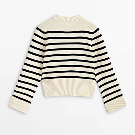 Women’s Striped Knit Sweater Elegant Minimalist Crew Neck Pullover Casual Winter Top