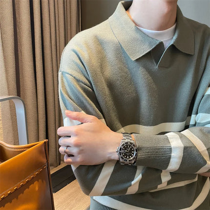 Men’s Striped Knit Polo Sweater | Casual Soft Pullover for Fall & Winter