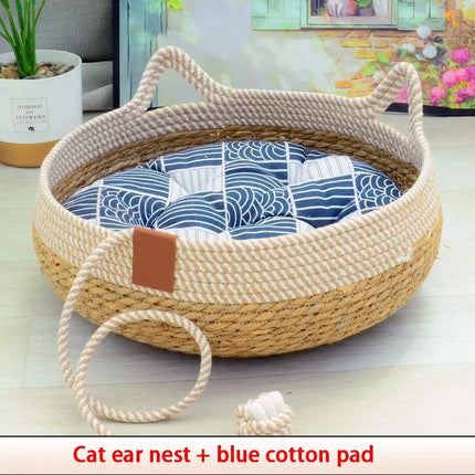 Handwoven Rattan Cat & small dogs Bed with Soft Cushion – Cozy, Durable & Washable