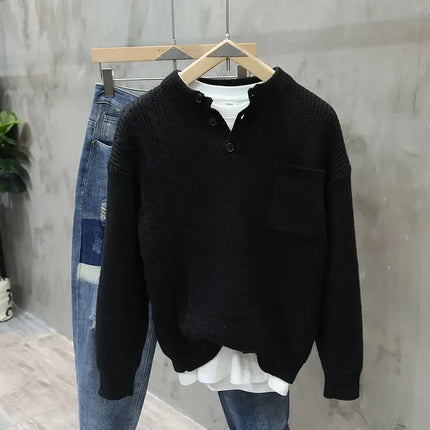 Men’s Half Button Knitted Sweater with Chest Pocket Warm Casual Winter Pullover