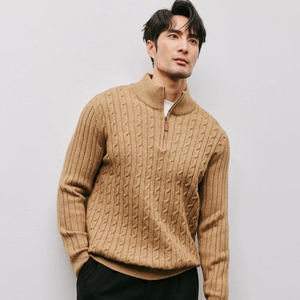 Men’s Gray Half-Zip Knitted Sweater | Cable Knit Pullover for Winter