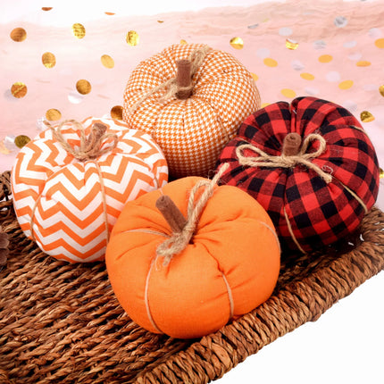 Fabric Cute Pumpkin Set of 4 Halloween Fall Decorative Plush Pumpkins for Table Centerpiece