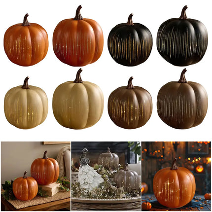 Collage of decorative pumpkins in various colors and settings.