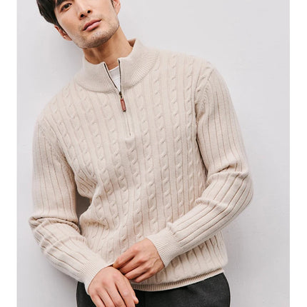 Men’s Gray Half-Zip Knitted Sweater | Cable Knit Pullover for Winter