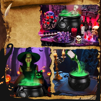 Halloween Smoking Witch Cauldron with Skeleton & Floating Potion Bottle, Green Fog Effect