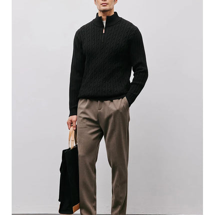 Men’s Gray Half-Zip Knitted Sweater | Cable Knit Pullover for Winter