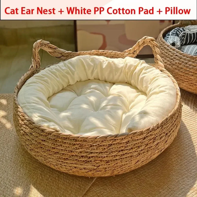 Handwoven Rattan Cat & small dogs Bed with Soft Cushion – Cozy, Durable & Washable