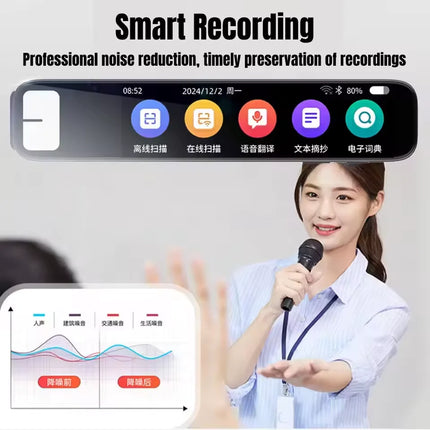 Smart recording device with user interface and person holding a microphone, labeled 'Smart Recording'.