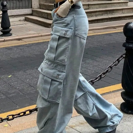 Women’s Light Blue Baggy Cargo| Streetwear Wide Leg Denim Pants