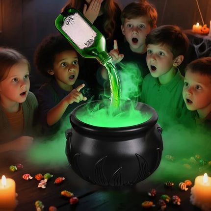 Halloween Smoking Witch Cauldron with Skeleton & Floating Potion Bottle, Green Fog Effect
