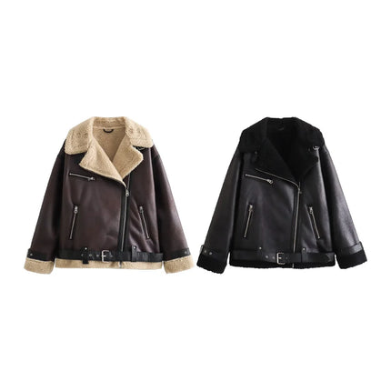 Two leather jackets, one with beige shearling lining and the other black, on a white background.
