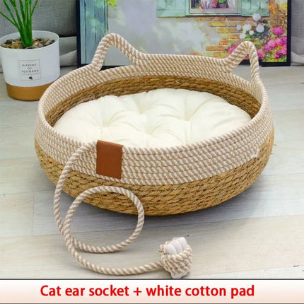 Handwoven Rattan Cat & small dogs Bed with Soft Cushion – Cozy, Durable & Washable
