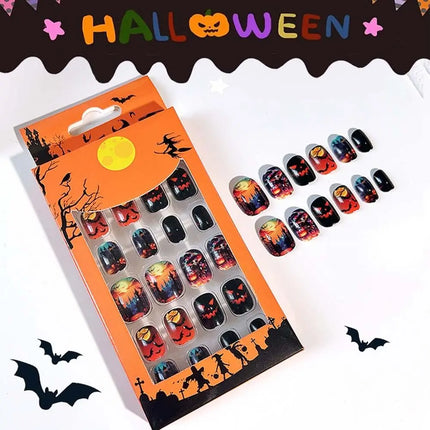 24Pcs Halloween Nails – Pumpkin Ghost Cartoon Fake Nails with Jelly Gel