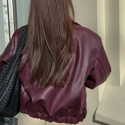 Women's Burgundy Faux Leather Zip Jacket | Minimalist PU Bomber Style