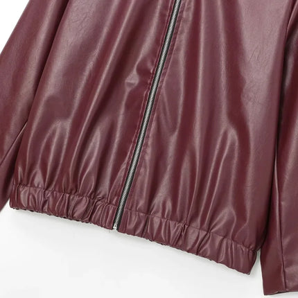 Women's Burgundy Faux Leather Zip Jacket | Minimalist PU Bomber Style