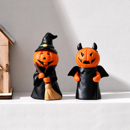 Halloween Pumpkin Figurines Set – 3pcs Cute Devil, Witch & Vampire Decorations