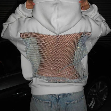 Women’s Rhinestone Mesh Back Hoodie – Sparkly Streetwear Oversized Pullover