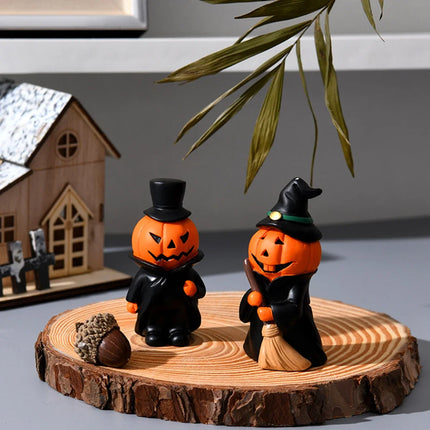 Halloween Pumpkin Figurines Set – 3pcs Cute Devil, Witch & Vampire Decorations