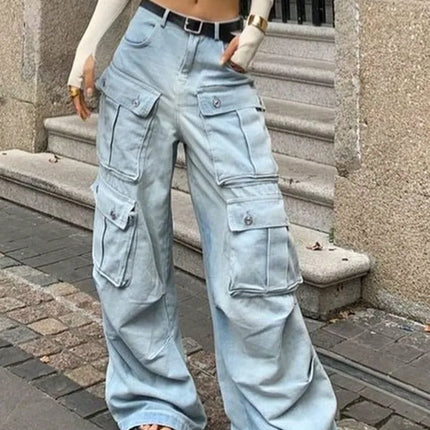 Person wearing light blue cargo pants on a city street.
