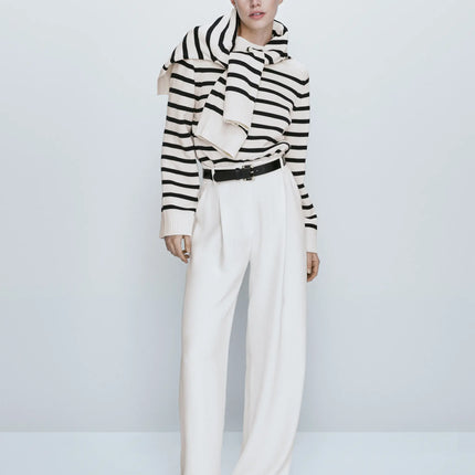 Women’s Striped Knit Sweater Elegant Minimalist Crew Neck Pullover Casual Winter Top