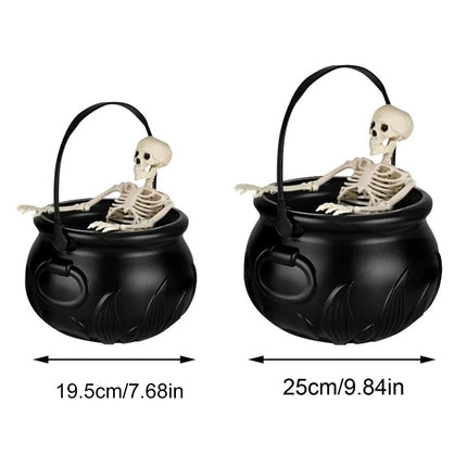 Halloween Smoking Witch Cauldron with Skeleton & Floating Potion Bottle, Green Fog Effect