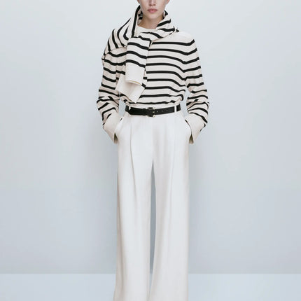 Women’s Striped Knit Sweater Elegant Minimalist Crew Neck Pullover Casual Winter Top