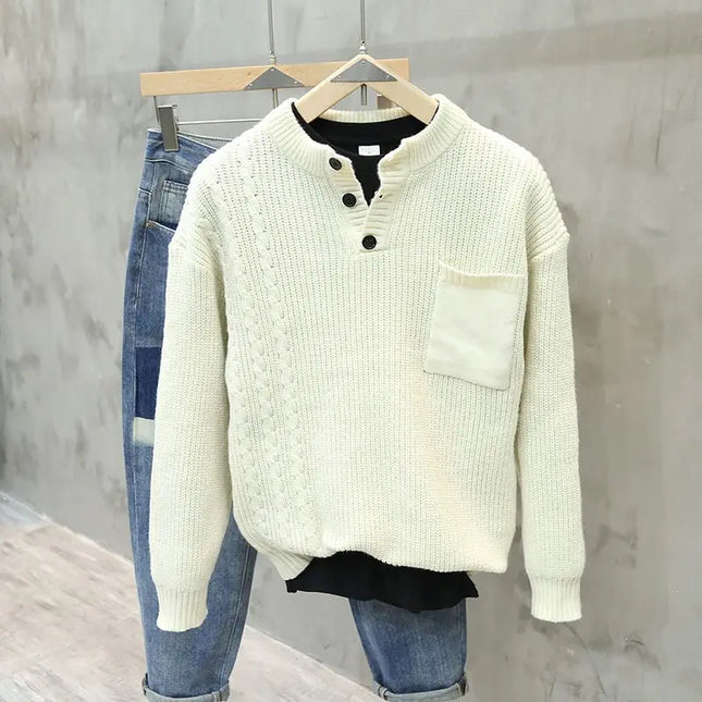 Men’s Half Button Knitted Sweater with Chest Pocket Warm Casual Winter Pullover