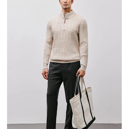 Men’s Gray Half-Zip Knitted Sweater | Cable Knit Pullover for Winter