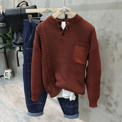 Men’s Half Button Knitted Sweater with Chest Pocket Warm Casual Winter Pullover
