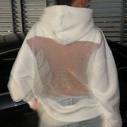 Women’s Rhinestone Mesh Back Hoodie – Sparkly Streetwear Oversized Pullover