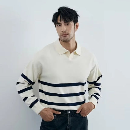 Men’s Striped Knit Polo Sweater | Casual Soft Pullover for Fall & Winter