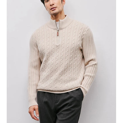 Men’s Gray Half-Zip Knitted Sweater | Cable Knit Pullover for Winter