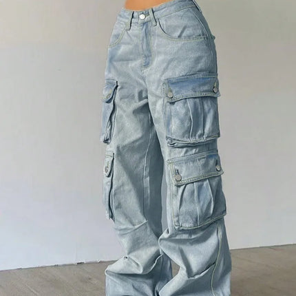 Women’s Light Blue Baggy Cargo| Streetwear Wide Leg Denim Pants