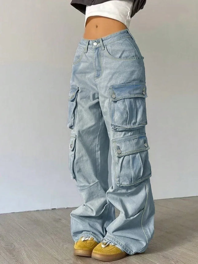 Women’s Light Blue Baggy Cargo| Streetwear Wide Leg Denim Pants