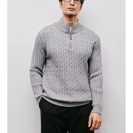 Men’s Gray Half-Zip Knitted Sweater | Cable Knit Pullover for Winter