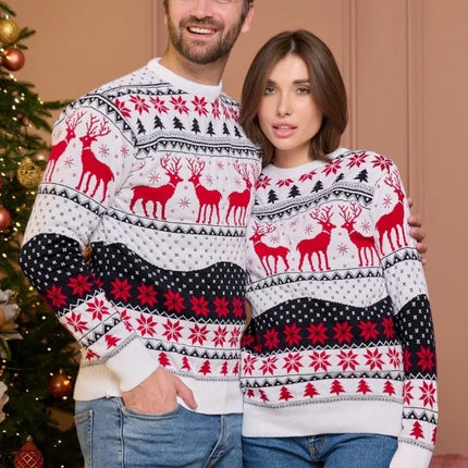 Matching Couple Christmas Reindeer Knitted Sweater Set Festive Holiday Pullover