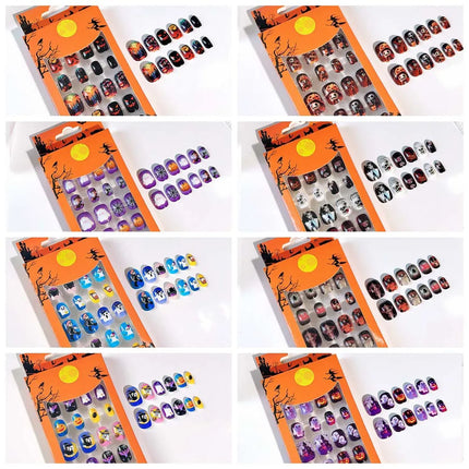 24Pcs Halloween Nails – Pumpkin Ghost Cartoon Fake Nails with Jelly Gel