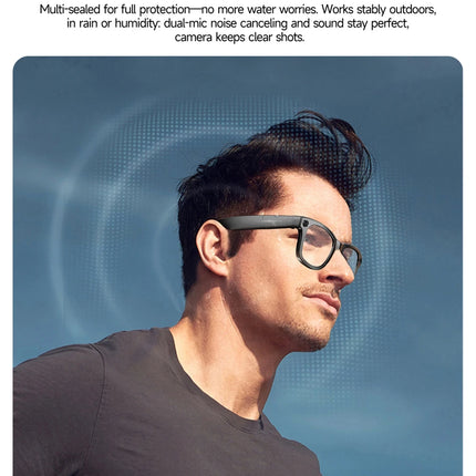 Man wearing a wireless earbud with text about IP65 waterproof & sweatproof feature on a blue background
