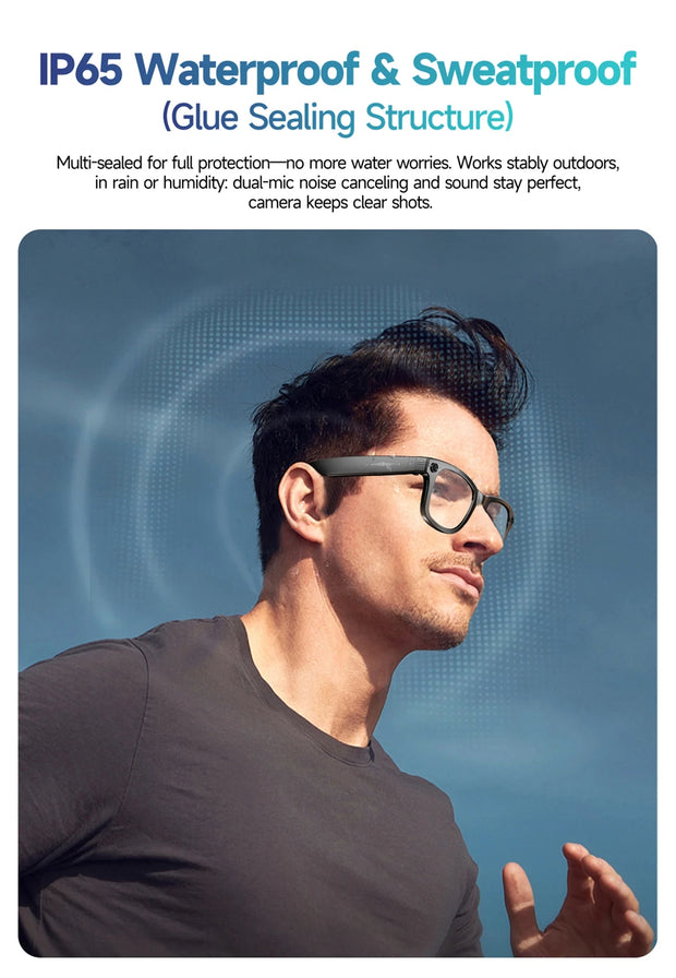Man wearing a wireless earbud with text about IP65 waterproof & sweatproof feature on a blue background