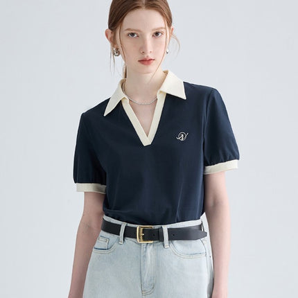 Preppy polo shirt, contrast collar blouse, chic short sleeve top, classic V-neck polo, stylish casual wear.