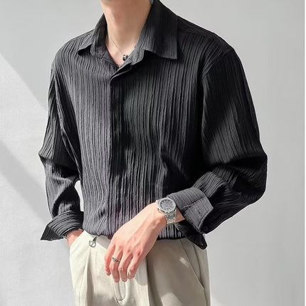 Men’s long sleeve shirt
Pleated button-up shirt
Formal textured shirt
Casual dress shirt for men
Elegant men’s fashion