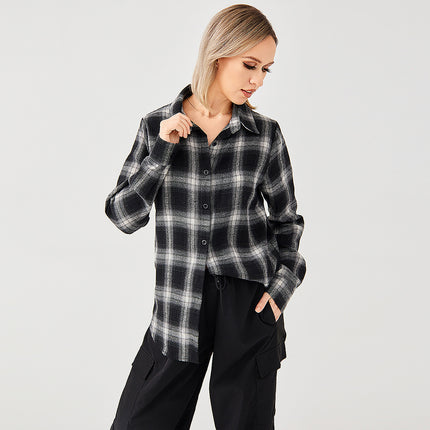Women's plaid flannel shirt
Oversized flannel shirt for women
Long sleeve button-up shirt
Casual plaid shirt for layering
Soft and breathable flannel