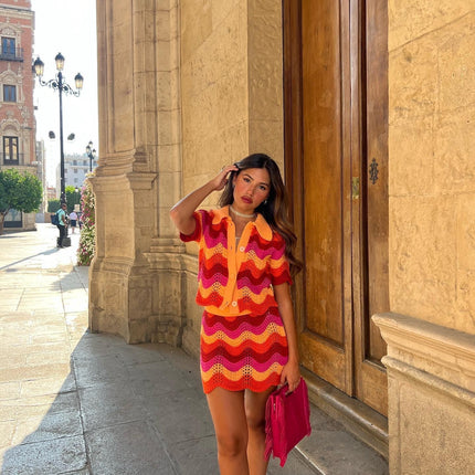 Women’s crochet two-piece set
Retro co-ord outfit
Summer festival fashion
Colorful crochet skirt and top
Boho chic outfit for women
Trendy vacation outfits