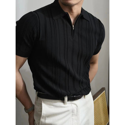 Men's knit polo shirt
Ribbed short sleeve polo
Stylish half-zip polo
Casual polo for men
Men's fashion essentials
Black polo shirt for men