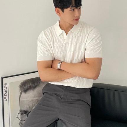 Men's knit polo shirt
Cable knit short sleeve polo
Classic men's polo shirt
Business casual polo for men
Smart-casual knitwear
Fashionable polo shirts for men
