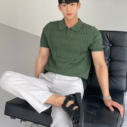 Men's knit polo shirt
Cable knit short sleeve polo
Classic men's polo shirt
Business casual polo for men
Smart-casual knitwear
Fashionable polo shirts for men