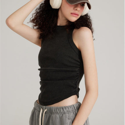 High-neck sleeveless top
Y2K fashion top
Ruched tank top
Vintage washed top
Trendy streetwear top
Minimalist aesthetic clothing
Casual chic sleeveless top