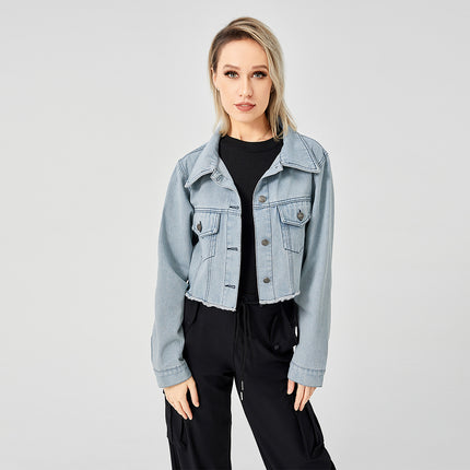 Women's cropped denim jacket
Dark wash jean jacket
Trendy short denim jacket
Casual streetwear jacket
Fashionable denim outerwear