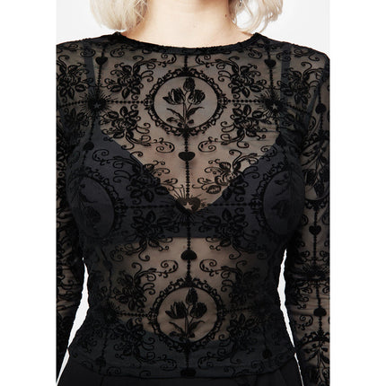 Black sheer lace top
Gothic long sleeve lace blouse
Elegant embroidered lace shirt
Sexy black mesh top
Trendy sheer lace blouse for women