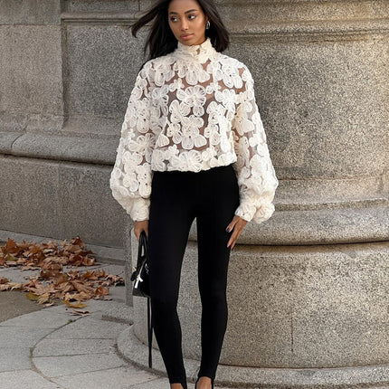 Sheer floral lace blouse
Elegant high neck top
3D embroidered blouse
Long sleeve statement blouse
Trendy women’s evening wear
